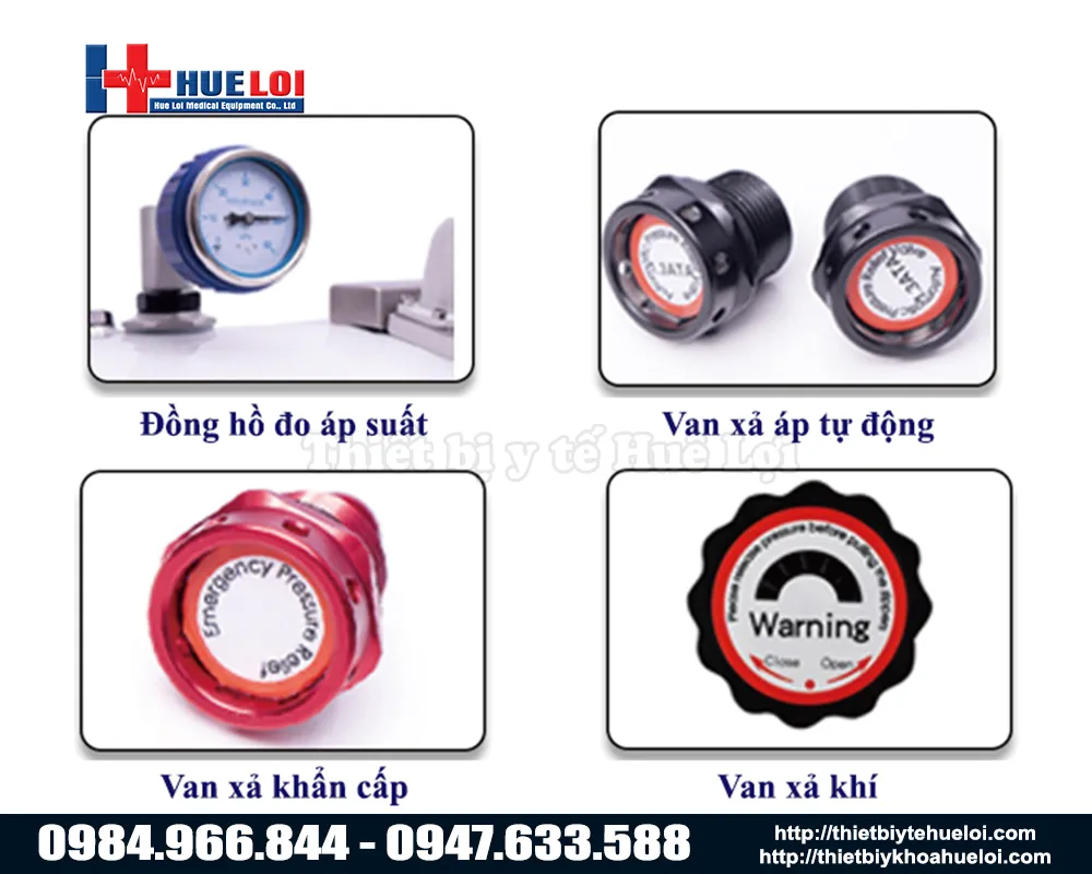 Hệ thống van xả và đồng hồ áp suất cảnh báo an toàn cho buồng trị liệu oxy cao áp