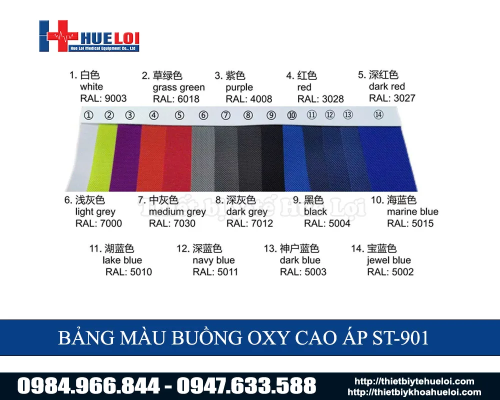 Bảng lựa chọn m&agrave;u sắc buồng oxi cao &aacute;p