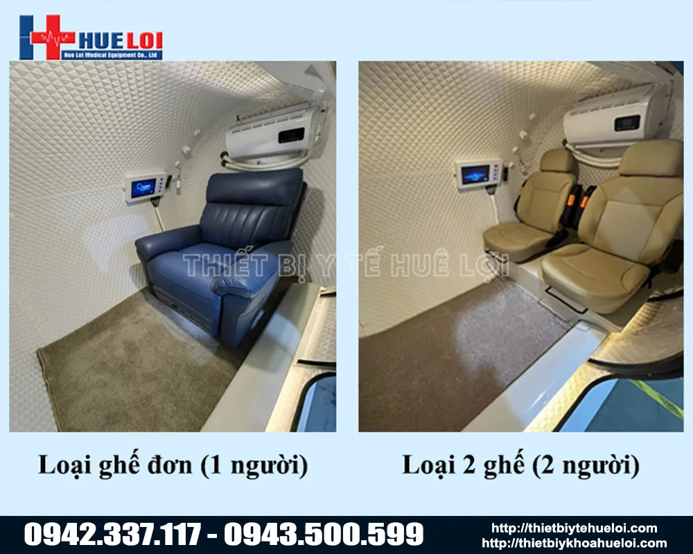 Nội thất máy tạo oxy tăng áp dạng buồng cứng có 1 và 2 chỗ ngồi