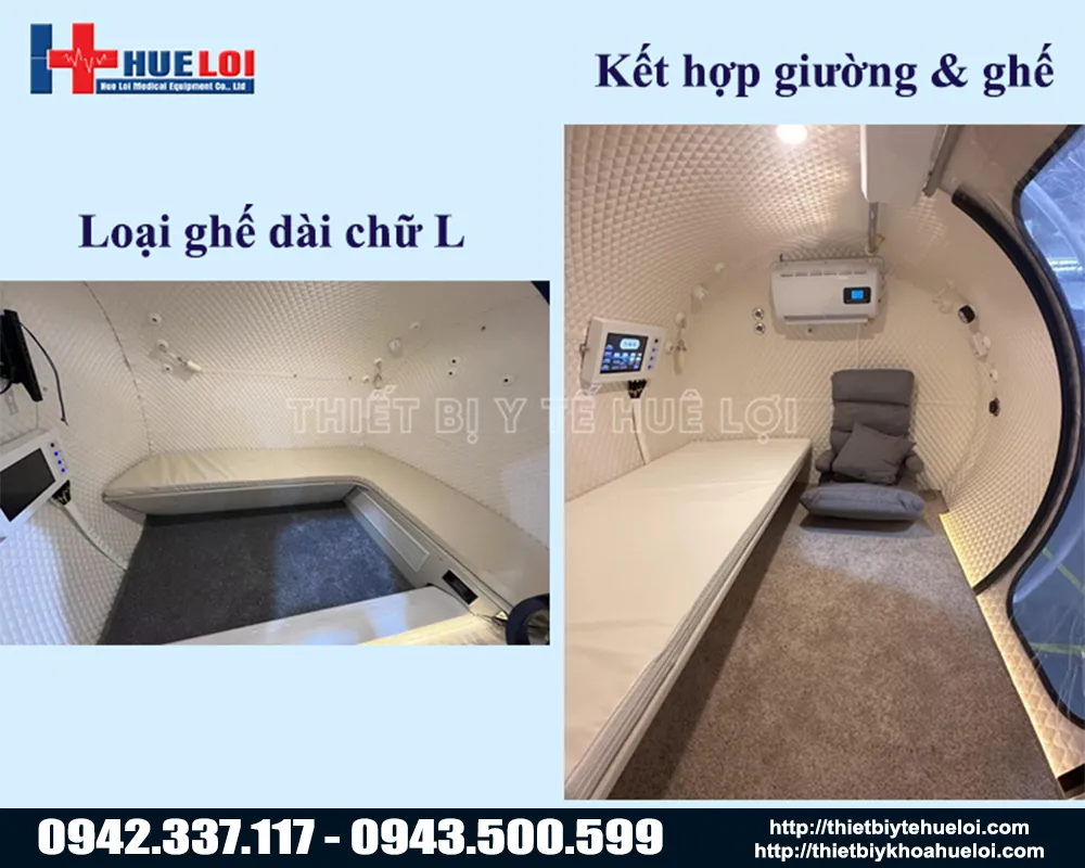 Nội thất buồng oxy tăng áp mẫu giường nằm điều trị cho nhiều người