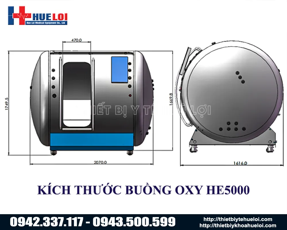 Kích thước buồng trị liệu bằng oxy cao áp HE5000